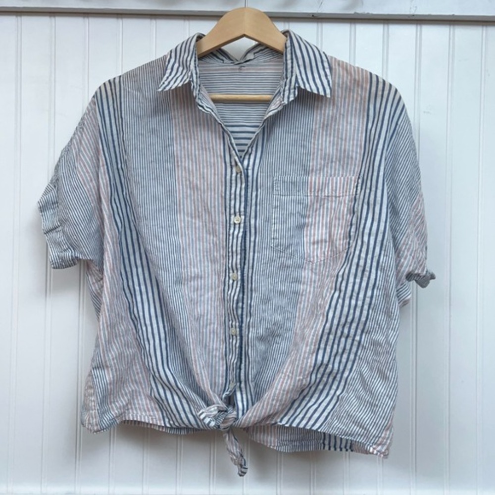 Madewell Button Up Shirt Striped Nautical Coastal‎ Americana Tie-Front Women's M - Picture 2 of 9